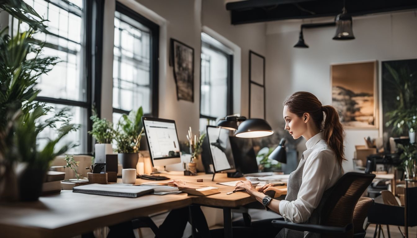 A clutter-free workspace with diverse people and modern technology.