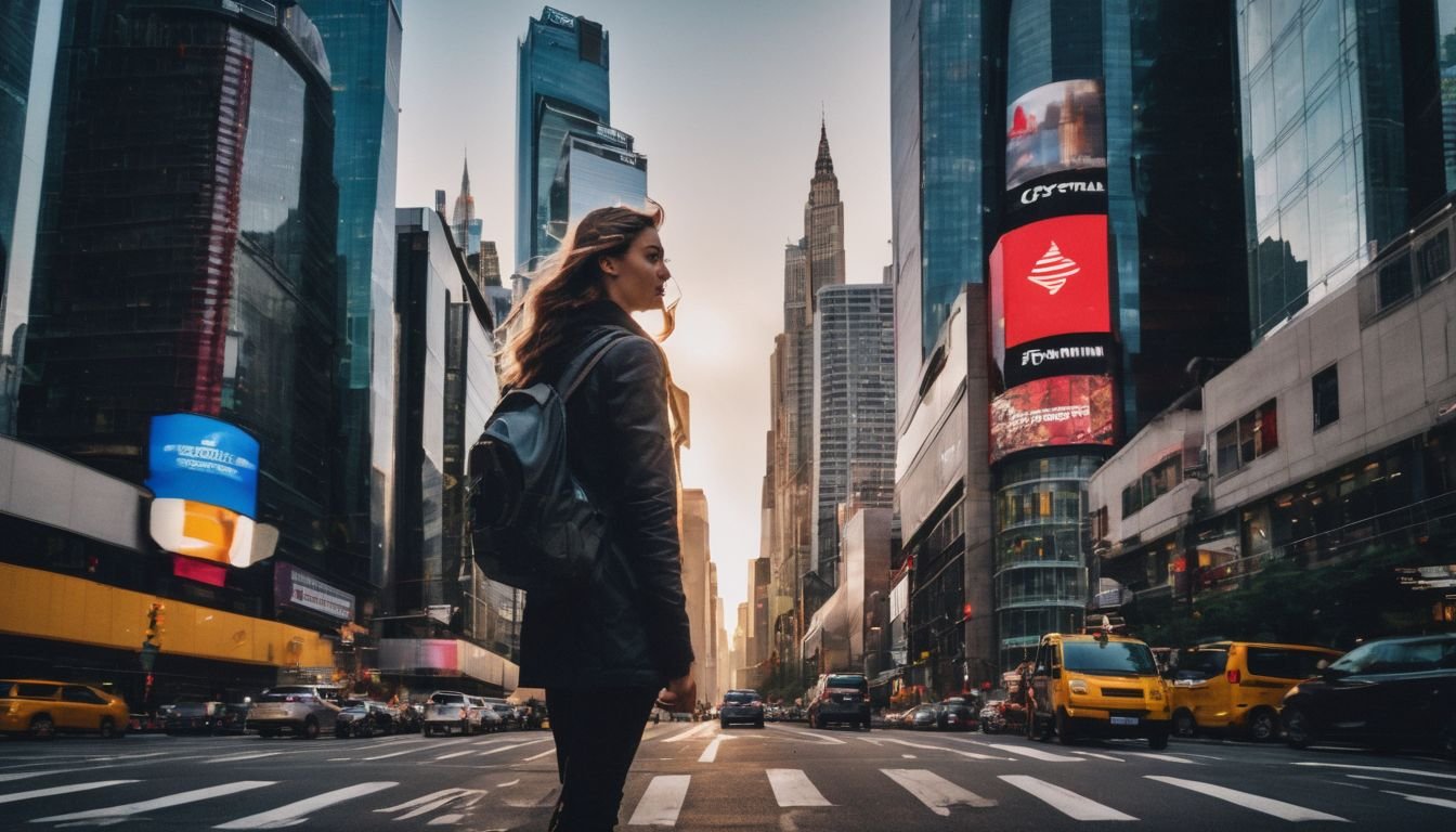 A person standing at a urban crossroads with diverse cityscape background.