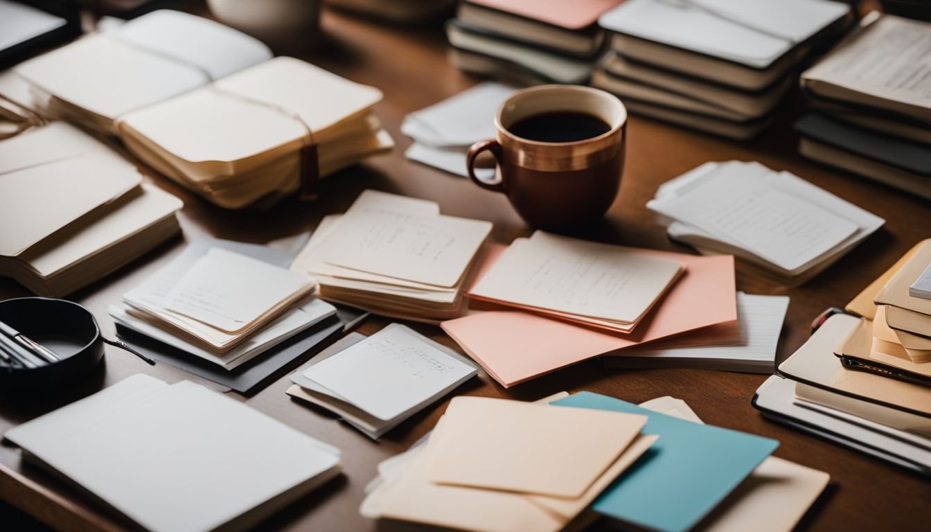 A neatly organized stack of flashcards surrounded by study materials.