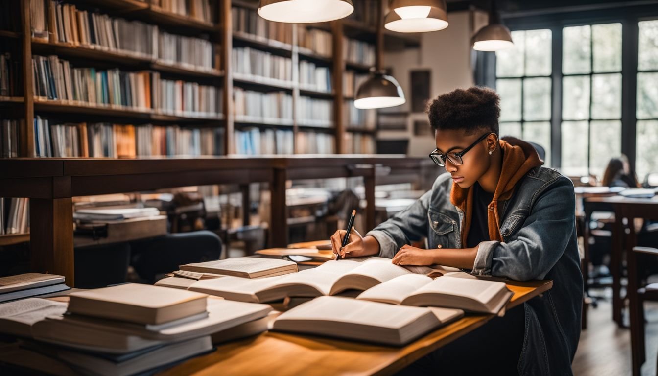 A student surrounded by books and study materials in an organized space.