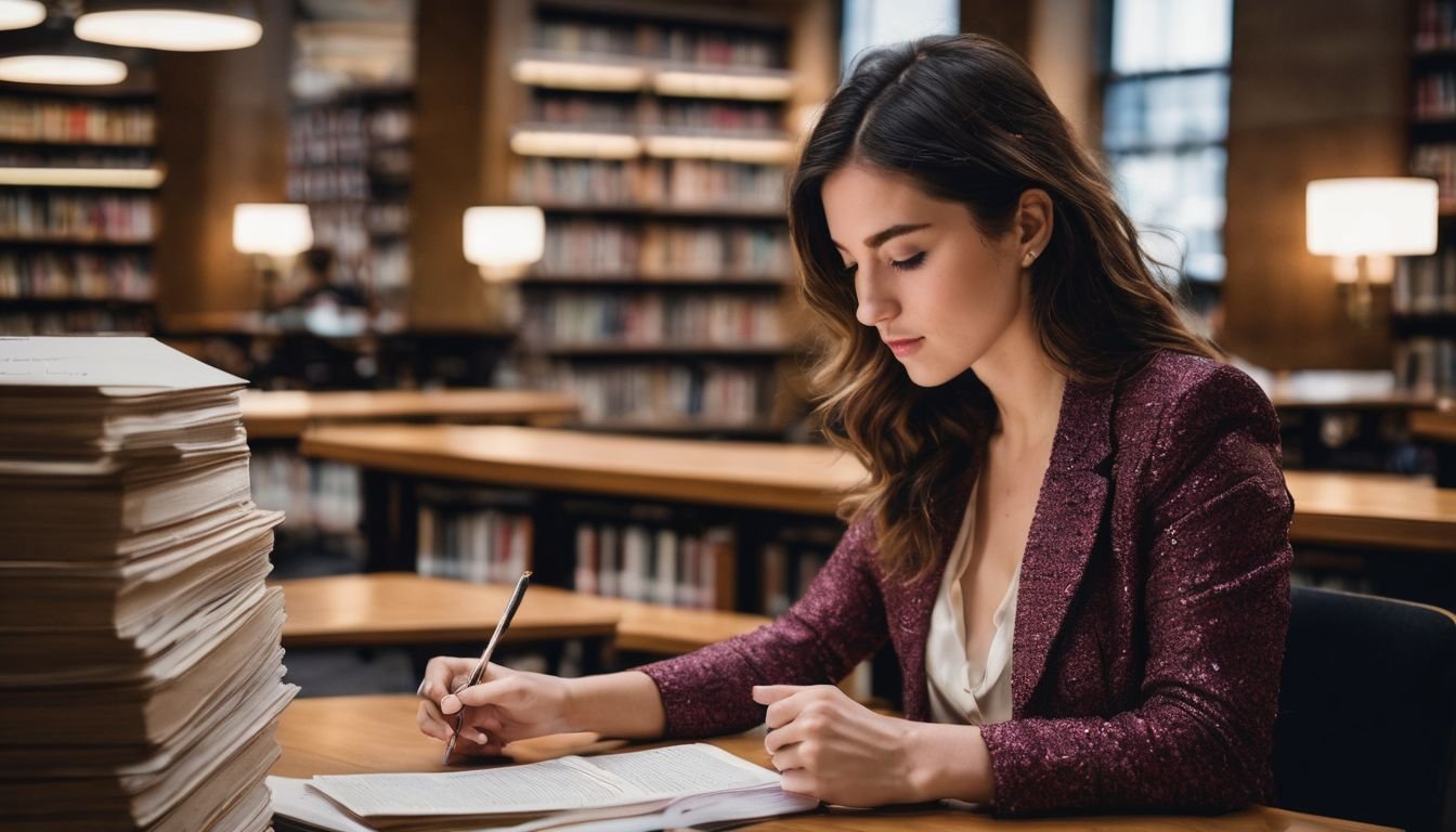 A person studying with flashcards in a quiet city library.