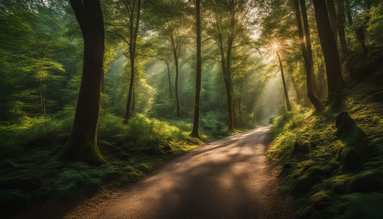 A winding road through a lush forest with diverse people.